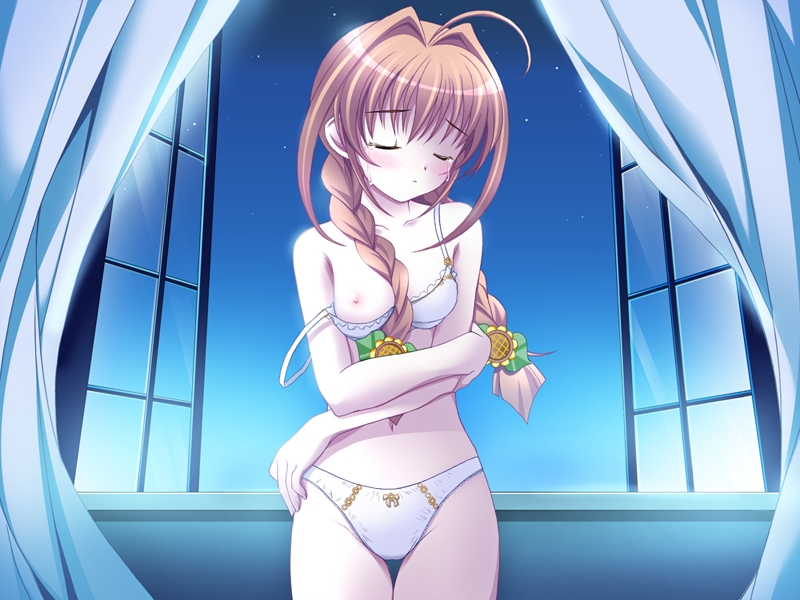 aojiru, hagio himawari, hanamaru!, game cg, 1girl, ahoge, between breasts, blush, bow, bow panties, bra, braid, breasts, brown hair, closed eyes, collarbone, crossed arms, crying, curtains, female focus, flower, hair between breasts, hair flower, hair ornament, lingerie, long hair, medium breasts, night, nipples, open window, panties, solo, strap slip, sunflower, sunflower hair ornament, tears, thigh gap, twin braids, underwear, underwear only, white panties, window
