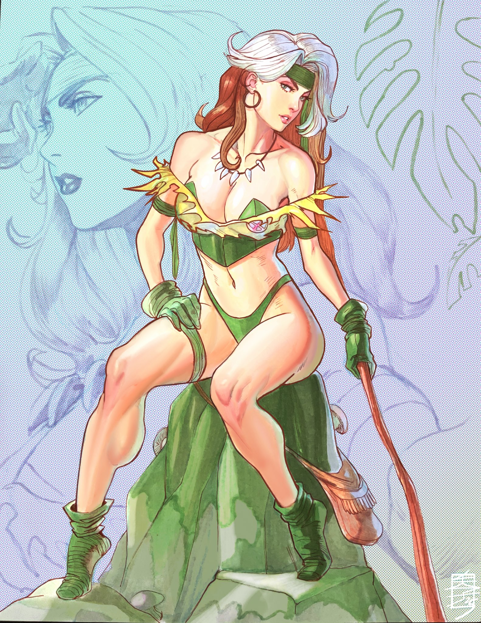 acecore2k, rogue (x-men), marvel, x-men, commentary, english commentary, highres, 1girl, bag, bare shoulders, breasts, brown hair, closed mouth, full body, gloves, green eyes, green gloves, green panties, green shoes, hand on own leg, jewelry, large breasts, long hair, looking at viewer, midriff, multicolored hair, mushroom, navel, necklace, official alternate costume, panties, parted lips, shoes, signature, sitting, solo, tooth necklace, two-tone hair, underwear, white hair