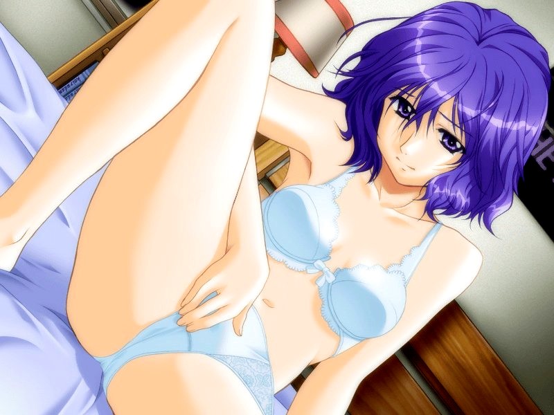 univ ~ai omatase~, game cg, source request, 1girl, bed, blue bra, blue panties, bow, bow bra, bra, female focus, lingerie, navel, panties, purple eyes, purple hair, short hair, sitting, solo, spread legs, underwear, underwear only