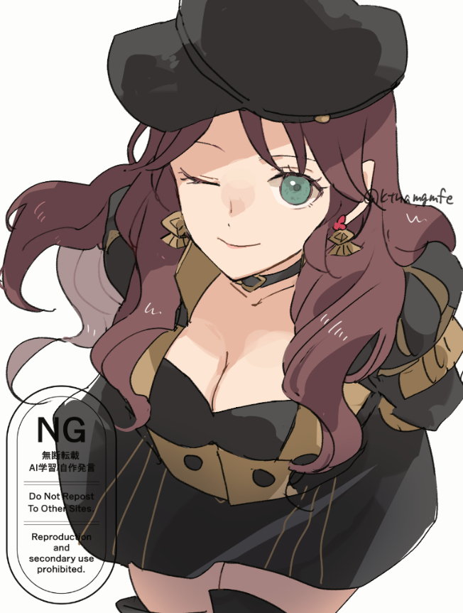 tenjin (ahan), dorothea arnault, fire emblem, fire emblem: three houses, nintendo, 1girl, ;), black boots, black choker, boots, breasts, brown hair, choker, cleavage, closed mouth, dress, earrings, garreg mach monastery uniform, green eyes, hat, jewelry, large breasts, leaning forward, long hair, long sleeves, looking at viewer, one eye closed, simple background, smile, solo, thigh boots, white background