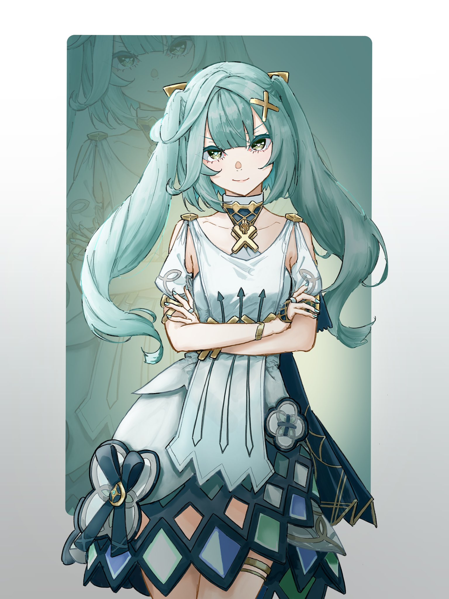 faruzan (genshin impact), genshin impact, highres, 1girl, aqua hair, aqua nails, cowboy shot, crossed arms, dress, green eyes, hair ornament, jibakurei, light smile, long hair, looking at viewer, multicolored dress, nail polish, sleeveless, sleeveless dress, solo, symbol-shaped pupils, triangle-shaped pupils, twintails, white dress, x hair ornament