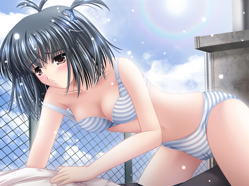 narutaki shin, koizumi ayana, naive (art), game cg, 1girl, black hair, blush, bra, female focus, fence, hair ornament, lens flare, lingerie, panties, short hair, solo, striped bra, striped clothes, striped panties, underwear, underwear only