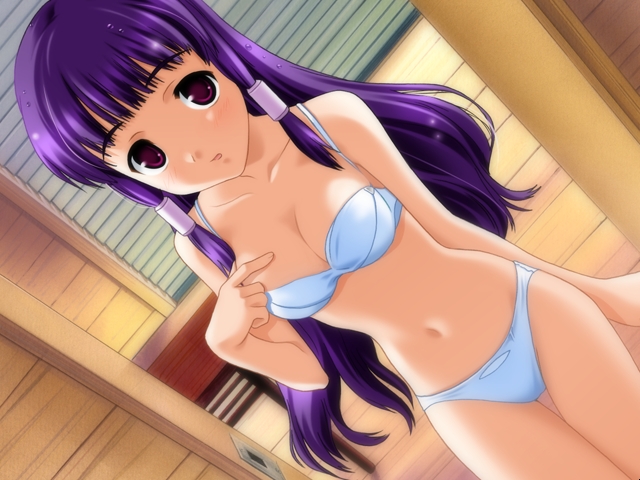 kimiwo, berthia heliar, rocket no natsu, game cg, 1girl, bra, female focus, hair tubes, lingerie, long hair, panties, purple hair, solo, underwear, underwear only