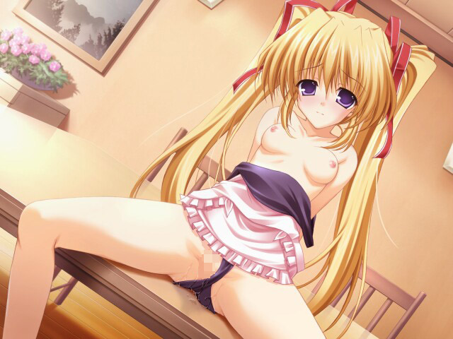 mitha, fujimiya chisa, gift (game), 00s, 1girl, apron, blonde hair, breasts, censored, clothes pull, clothing aside, female focus, loli, long hair, mosaic censoring, nipples, one-piece swimsuit, one-piece swimsuit pull, purple eyes, pussy, pussy juice, school swimsuit, solo, swimsuit, swimsuit aside, swimsuit under clothes, topless female, twintails, very long hair