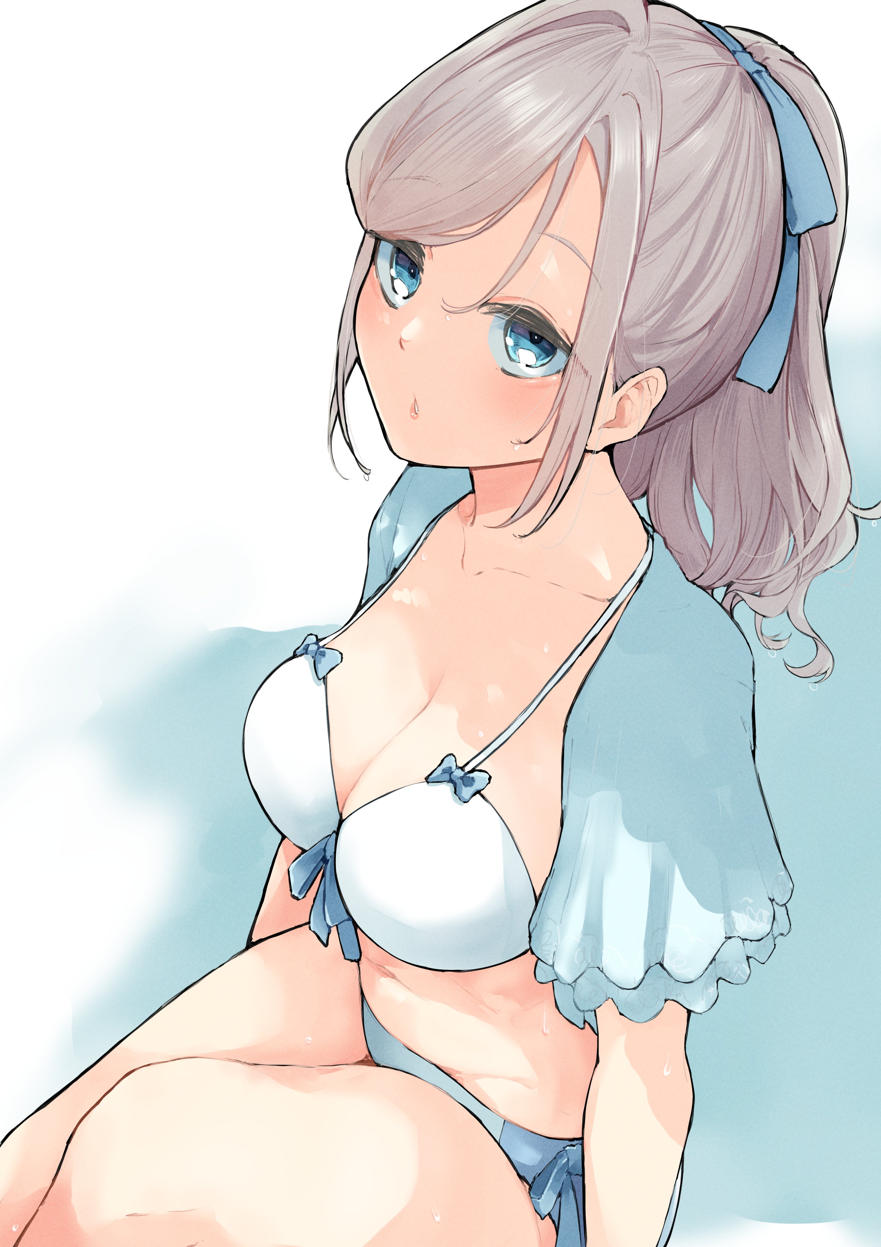 mendo (mend0o0 ), ceras yanagida lilienfeld, link! like! love live!, love live!, absurdres, highres, 1girl, bare legs, bikini, blue eyes, blue hairband, blue jacket, bow, bow bikini, breasts, ceras yanagida lilienfeld (swimsuit), collarbone, frilled jacket, frills, from above, grey hair, hairband, jacket, large breasts, lips, long hair, looking at viewer, looking up, navel, official alternate costume, official alternate hairstyle, parted lips, ponytail, sitting, solo, swimsuit, wet, white bikini
