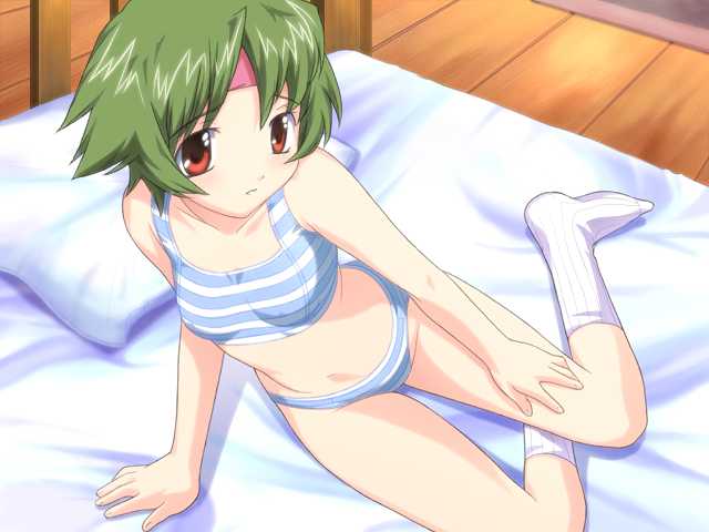 mutsumi masato, nitou misaki, only you, only you recross, game cg, 1girl, arm support, bed, blush, bra, female focus, headband, lingerie, panties, pillow, sitting, socks, solo, striped bra, striped clothes, striped panties, underwear, underwear only, yokozuwari
