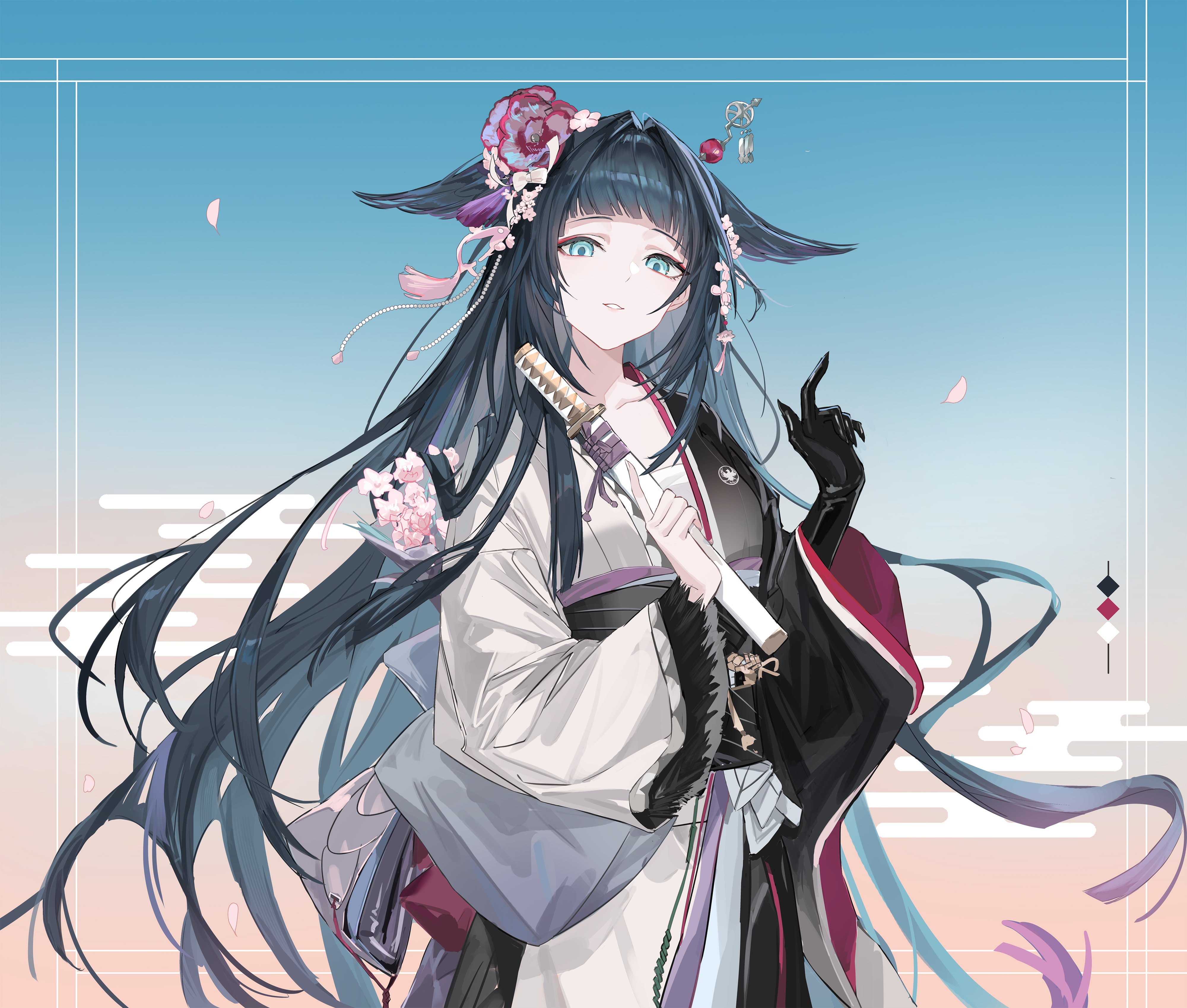 chenmu sora, mio (arknights), arknights, absurdres, highres, 1girl, black gloves, black hair, black kimono, black sash, blue eyes, blunt bangs, flower, fur-trimmed sleeves, fur trim, gloves, hair flower, hair intakes, hair ornament, hair wings, japanese clothes, kimono, light smile, long hair, long sleeves, looking at viewer, obi, parted lips, pink flower, sash, single glove, solo, sword, two-tone kimono, upper body, very long hair, wakizashi, weapon, white kimono, wide sleeves