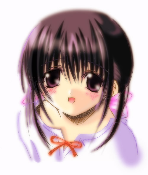 original, 1girl, blush, bow, female focus, hair bow, purple eyes, shirt, smile, solo, upper body