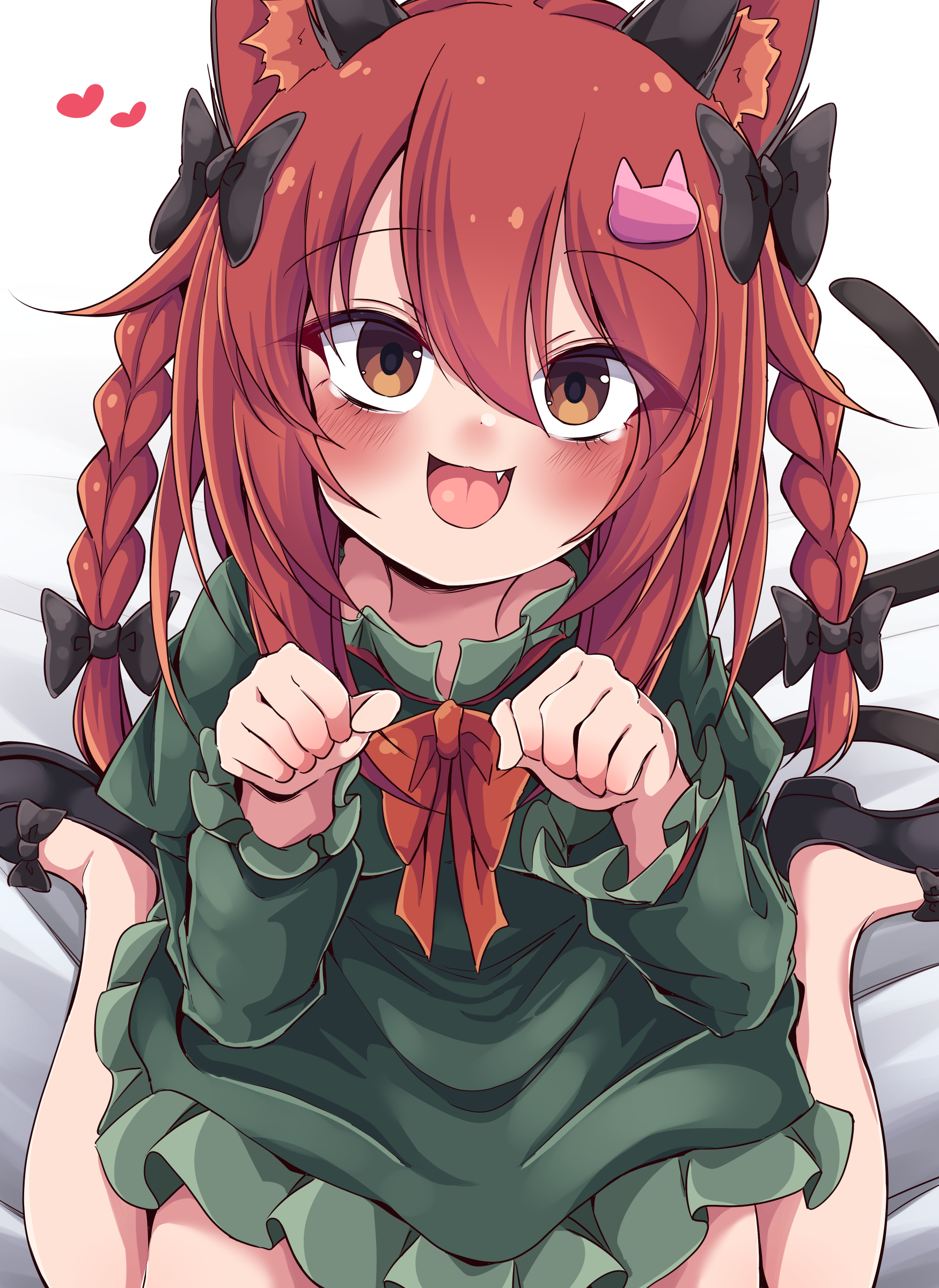 siw0n, kaenbyou rin, touhou, absurdres, commentary, highres, 1girl, :d, animal ear fluff, animal ears, bed sheet, black bow, black shoes, blush, bow, bowtie, breasts, brown eyes, cat ears, cat girl, cat hair ornament, cat tail, colored inner animal ears, double-parted bangs, double bun, dress, fang, footwear bow, frilled dress, frills, green dress, hair bow, hair bun, hair ornament, heart, long sleeves, looking at viewer, medium hair, multiple hair bows, multiple tails, nekomata, open mouth, paw pose, red bow, red bowtie, red eyes, red hair, shoes, sitting, smile, solo, tail, two tails, wariza