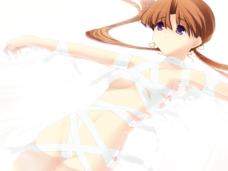 furudera naru, riannon, tears to tiara, 00s, 1girl, bath, brown hair, female focus, hair spread out, naked ribbon, nude, ribbon, ripples, solo