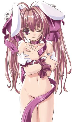 usada hikaru, di gi charat, tagme, animal ears, covering breasts, covering privates, nude, rabbit ears, simple background, solo, white background