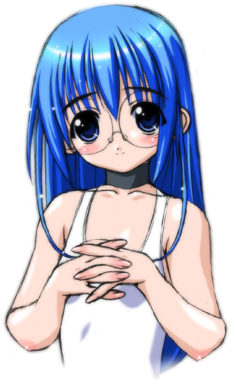 rian (magical antique), magical antique, 1girl, blue eyes, blue hair, blush, collarbone, female focus, glasses, light smile, long hair, looking at viewer, matching hair/eyes, one-piece swimsuit, own hands together, rimless eyewear, simple background, sketch, smile, solo, swimsuit, upper body, white background, white one-piece swimsuit
