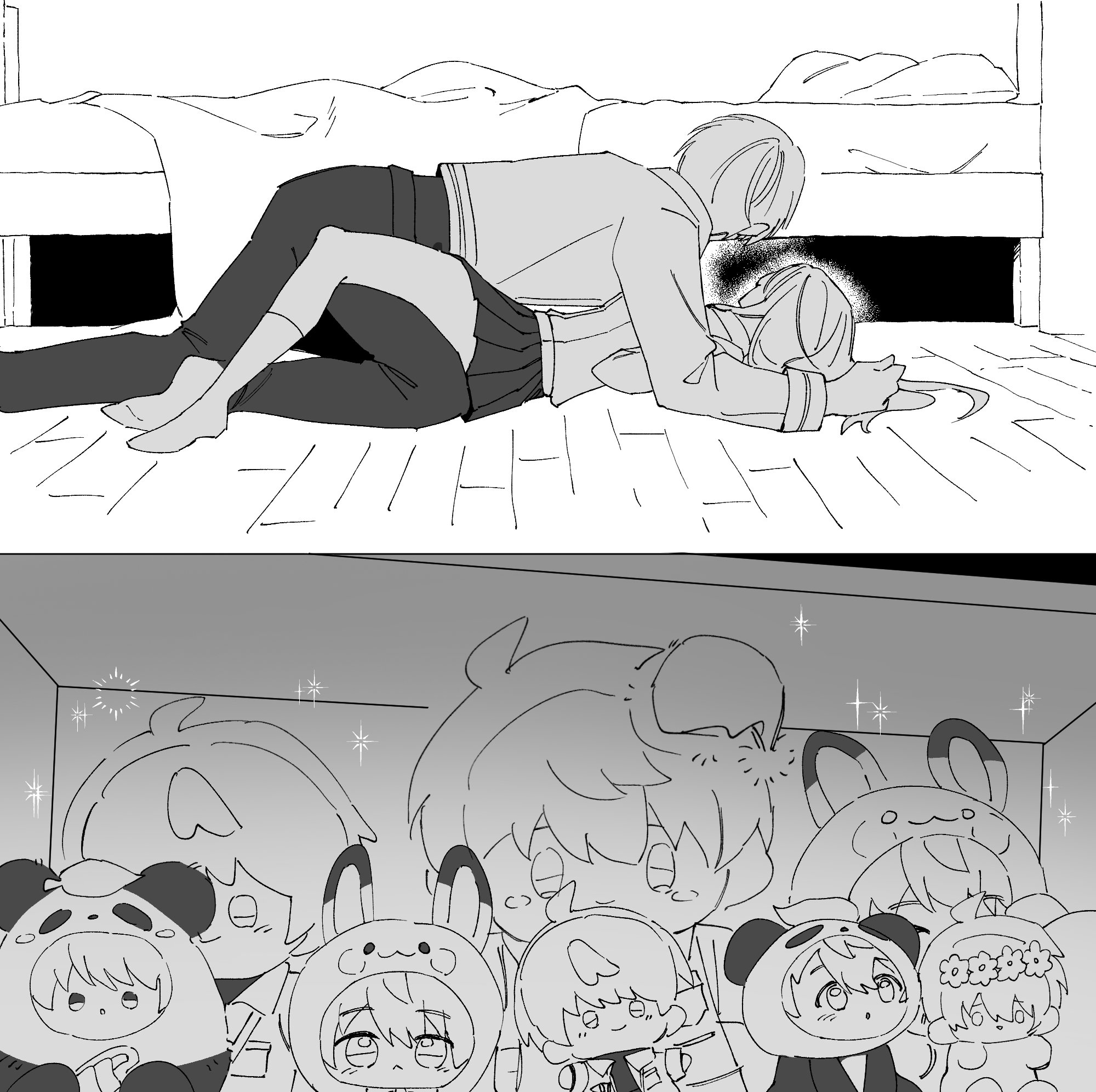 protagonist (love and deepspace), xavier (love and deepspace), love and deepspace, highres, 1boy, 1girl, animal ear hood, animal hood, black pants, black skirt, character doll, collared shirt, couple, doll, fake animal ears, greyscale, hair between eyes, head wreath, hetero, hood, monochrome, no shoes, panda hood, pants, pleated skirt, shirt, short hair, sketch, skirt, socks, sparkle, staxxylove, stuffed toy, under bed, white socks, wooden floor