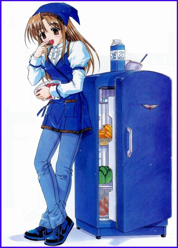 hasumi elan, pia carrot (series), pia carrot e youkoso!!, 1990s (style), brown eyes, brown hair, denim, eating, food, fruit, jeans, lettuce, long hair, milk, pants, refrigerator, retro artstyle, solo, strawberry