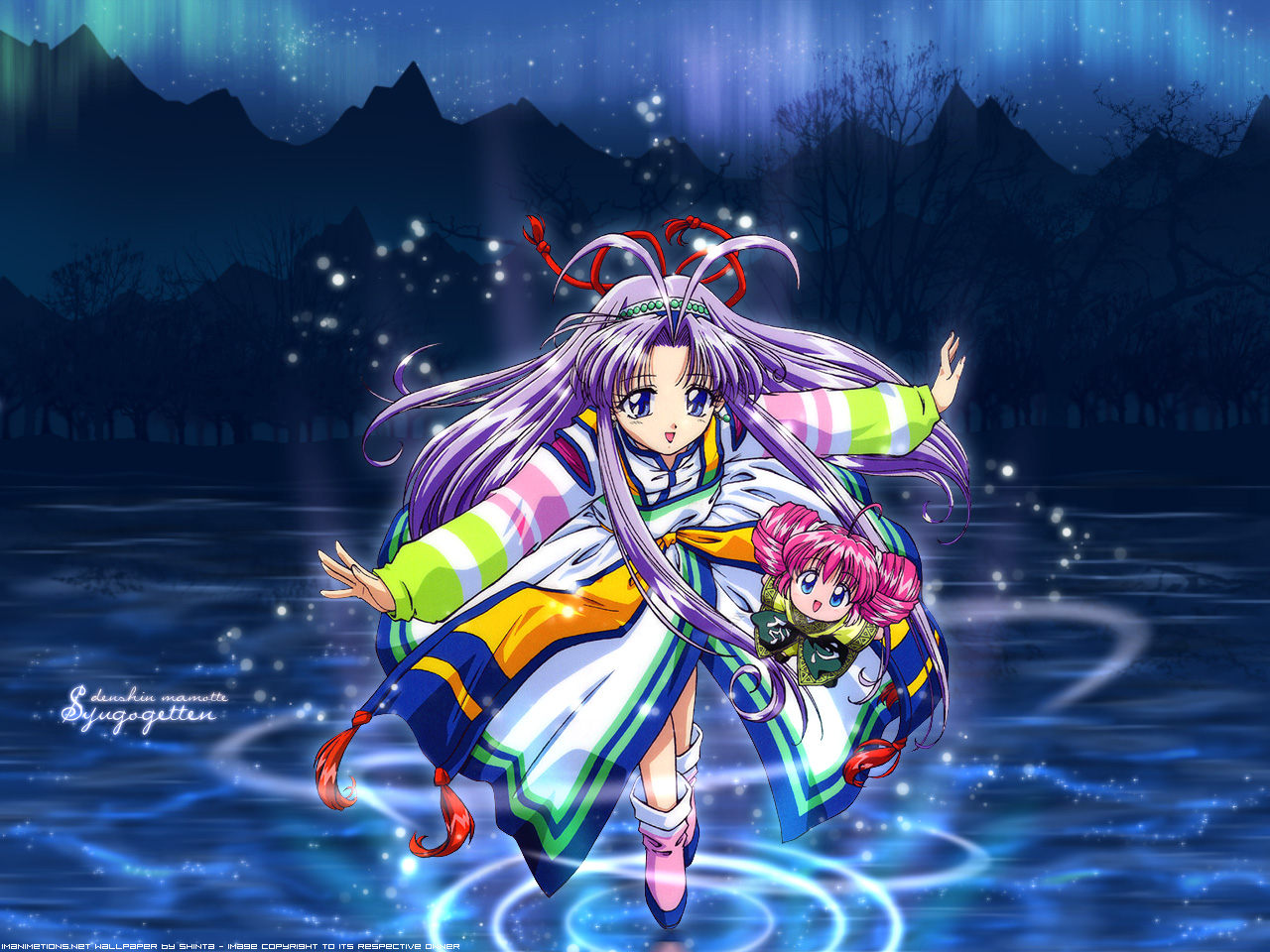 rishu, shugogetten shaolin, mamotte shugogetten!, 2girls, :d, ahoge, antenna hair, aurora, bare tree, character name, double bun, fairy, hair bun, long hair, long sleeves, mountain, multiple girls, open mouth, outdoors, outstretched arms, purple hair, robe, sidelocks, smile, tree, very long hair, walking, walking on liquid, water