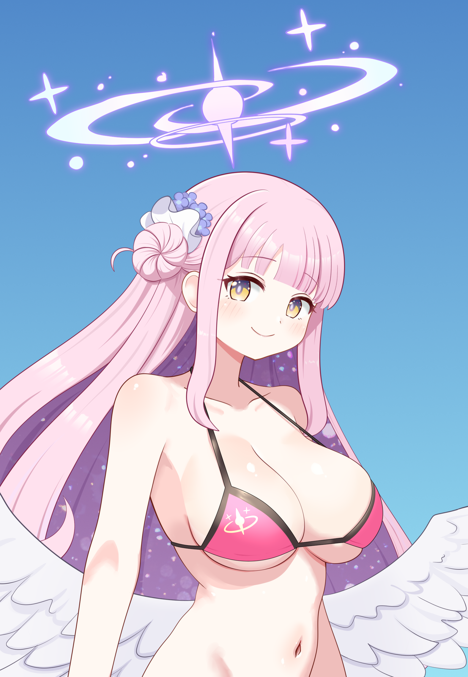 hayama kamui, mika (blue archive), blue archive, highres, 1girl, alternate costume, angel wings, bikini, blush, breasts, cleavage, closed mouth, collarbone, feathered wings, flower, hair bun, hair flower, hair ornament, halo, large breasts, long hair, looking at viewer, low wings, navel, pink bikini, pink hair, pink halo, single hair bun, smile, solo, stomach, swimsuit, upper body, very long hair, white wings, wings, yellow eyes