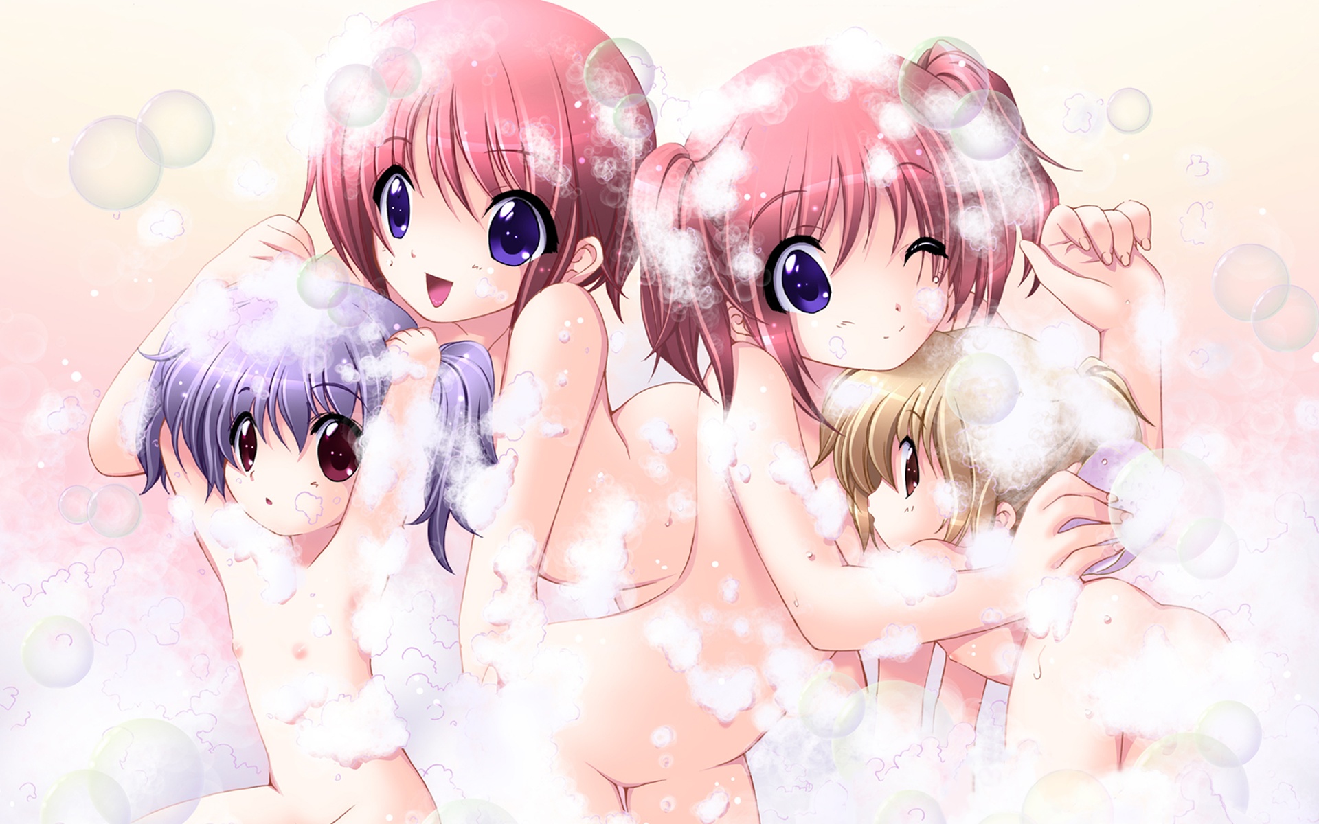 iizuki tasuku, akari (hobo-san to issho!), rina (hobo-san to issho!), yuuki maya (hobo-san to issho!), yuuki miya, hobo-san to issho!, highres, 4girls, :d, armpits, arms up, ass, bath, bathing, bathing together, bent over, blonde hair, blue eyes, blue hair, bubble, censored, convenient censoring, flat chest, high ponytail, hug, loli, looking back, multiple girls, nipples, nude, one eye closed, open mouth, pink hair, ponytail, red eyes, same-sex bathing, shared bathing, short hair, short ponytail, short twintails, siblings, sisters, sitting, smile, soap, split mouth, thigh gap, twins, twintails, wet, wink