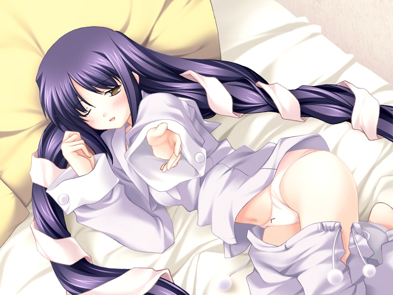saishuu shiken kujira, game cg, 00s, 1girl, bed, blouse, blue hair, blush, bow, bow panties, clothes pull, female focus, hair ribbon, long hair, lying, on side, pajamas, panties, pants, pants pull, ribbon, shirt, sleepy, solo, tress ribbon, underwear, very long hair, white panties, yellow eyes