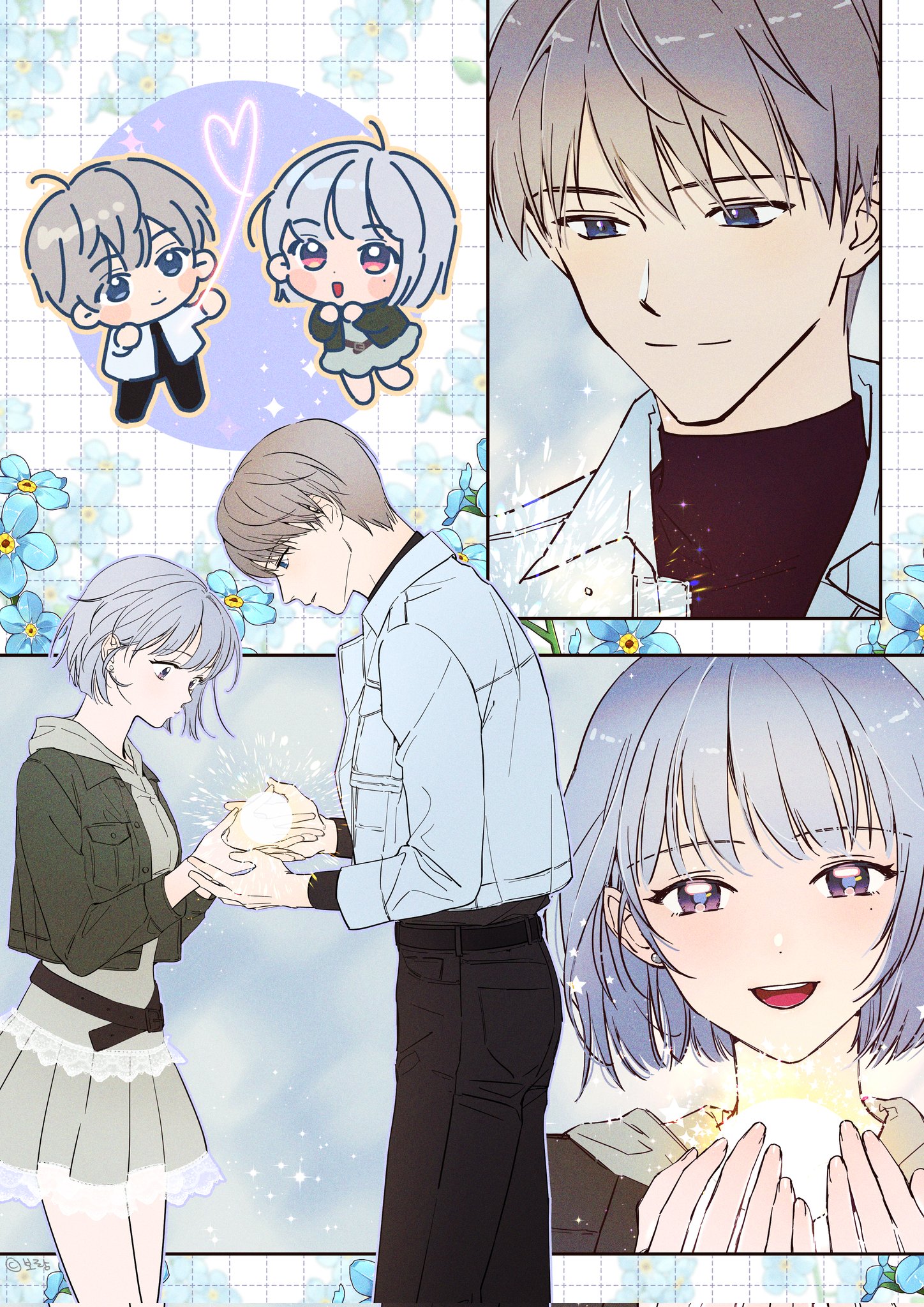 protagonist (love and deepspace), xavier (love and deepspace), love and deepspace, highres, 1boy, 1girl, black jacket, black pants, black shirt, blue eyes, blush, chibi, chibi inset, couple, cowboy shot, cropped jacket, dress, glowing hands, grey dress, grey hair, grid background, hair between eyes, hetero, jacket, light smile, mole, mole under eye, multiple views, open mouth, outstretched hand, pants, pleated dress, purple eyes, shirt, short hair, smile, staxxylove, turtleneck, white jacket