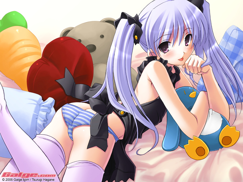 tsurugi hagane, galge.com, striped, wallpaper, white legwear, :p, apron, arm support, ass, bed, blue hair, blue panties, blush, lingerie, looking back, lowleg, lowleg panties, lying, naked apron, on stomach, panties, purple eyes, striped panties, thighhighs, tongue, twintails, underwear