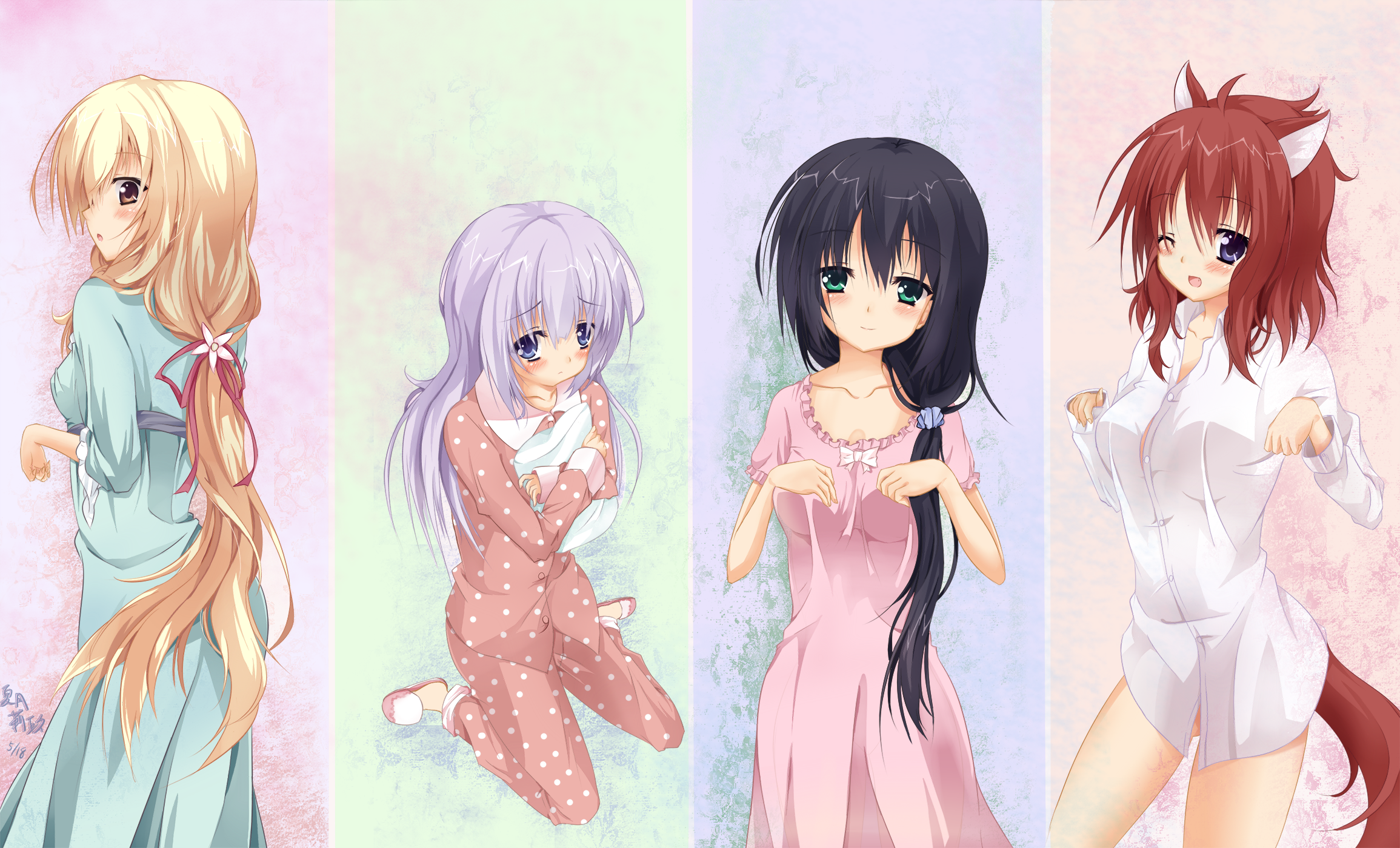 natuki rik, amagiri yune, masaki gaillard, shiraga airi, shirley warwick, amairo islenauts, commentary request, highres, 4girls, :o, ;d, ahoge, alternate costume, alternate hairstyle, animal ears, aqua dress, aqua pajamas, black hair, blonde hair, blue eyes, blue hair, blush, breasts, brown eyes, button gap, closed mouth, collared shirt, cowboy shot, crossed arms, dress, dress shirt, eyes visible through hair, flower, frilled pajamas, frilled sleeves, frills, from behind, frown, full body, furrowed brow, green eyes, hair between eyes, hair down, hair flower, hair ornament, hair ribbon, hands up, hugging object, long hair, long sleeves, looking at viewer, looking back, loungewear, low ponytail, medium breasts, medium hair, messy hair, multiple girls, naked shirt, one eye closed, open mouth, pajamas, paw pose, pillow, pillow hug, pink dress, pink pajamas, pink ribbon, polka dot, polka dot pajamas, ponytail, profile, red hair, ribbon, shirt, short sleeves, shy, signature, simple background, sitting, sleeves past wrists, smile, split mouth, straight-on, straight hair, tail, transparent background, upturned eyes, very long hair, wariza, white flower, wolf ears, wolf girl, wolf tail