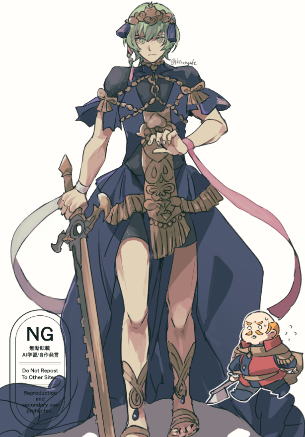 tenjin (ahan), female byleth (enlightened) (fire emblem), female byleth (fire emblem), female byleth (sublime light) (fire emblem), ludwig von aegir, male byleth (enlightened) (fire emblem), male byleth (fire emblem), sothis (fire emblem), fire emblem, fire emblem: three houses, fire emblem heroes, nintendo, 2boys, axe, bald, balding, black shorts, closed mouth, cosplay, dress, facial hair, green eyes, green hair, hair ornament, headpiece, holding, holding axe, holding sword, holding weapon, looking at another, looking at viewer, male focus, mature male, multiple boys, mustache, official alternate costume, orange hair, purple dress, ribbon, sandals, short hair, shorts, simple background, sothis (fire emblem) (cosplay), sword, sword of the creator, weapon, white background