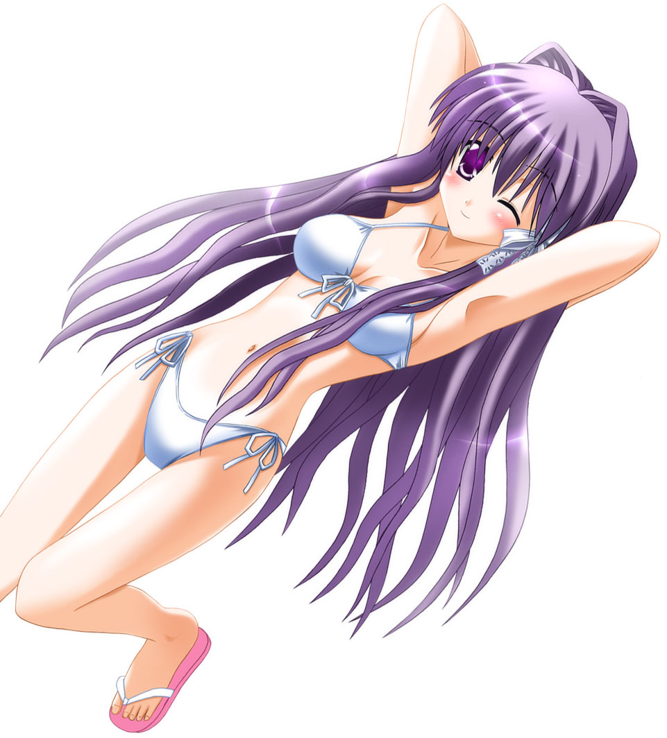 fujibayashi kyou, clannad, 00s, bikini, feet, flip-flops, long hair, purple eyes, purple hair, sandals, solo, swimsuit, toes, white bikini