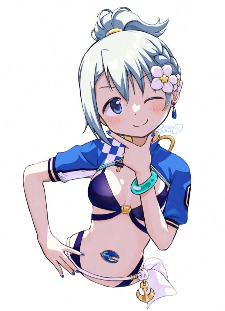 asukaru (magika ru), miki sayaka, miki sayaka (surfer ver.), magia record: mahou shoujo madoka magica gaiden, mahou shoujo madoka magica, 1girl, asymmetrical bangs, bikini, black bikini, blue eyes, blue gemstone, blue hair, blue jacket, blue nails, bracelet, braid, breasts, checkered clothes, checkered jacket, cleavage, closed mouth, cropped legs, dated, dot nose, earrings, flower, gem, hair between eyes, hair flower, hair ornament, hair tie, hand on own chin, hand on own hip, happy, high ponytail, highleg, highleg bikini, jacket, jewelry, light blush, nail polish, official alternate costume, official style, one eye closed, open clothes, open jacket, pendant earring, ponytail, puffy short sleeves, puffy sleeves, sarong, short hair, short ponytail, short sleeves, side braid, signature, simple background, single bare arm, single braid, single earring, smile, solo, stomach, stomach jewel, swimsuit, tareme, turtleneck, turtleneck jacket, updo, white background, white flower, white sarong, zipper