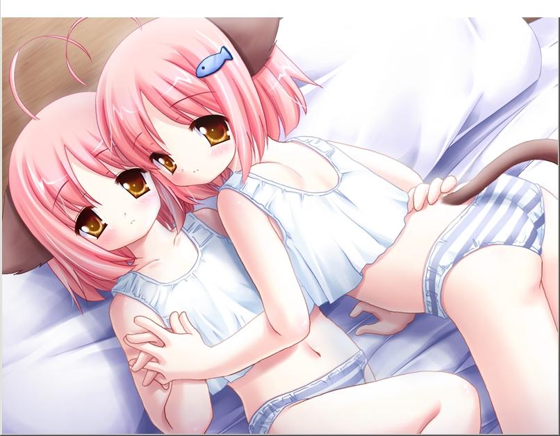 inuzumi masaki, natsume eri, nami (neko kawaigari!), nami (nekokawaigari), umi (neko kawaigari!), umi (nekokawaigari), neko kawaigari!, nekokawaigari, game cg, 2girls, ahoge, animal ears, ass, bed, bent over, blush, cat ears, cat tail, crop top, hair ornament, hairclip, holding hands, hug, interlocked fingers, kodomo doushi, lingerie, loli, lying, multiple girls, on back, panties, pillow, pink hair, red hair, short hair, siblings, sisters, striped clothes, striped panties, tail, tank top, twins, underwear, yellow eyes, yuri