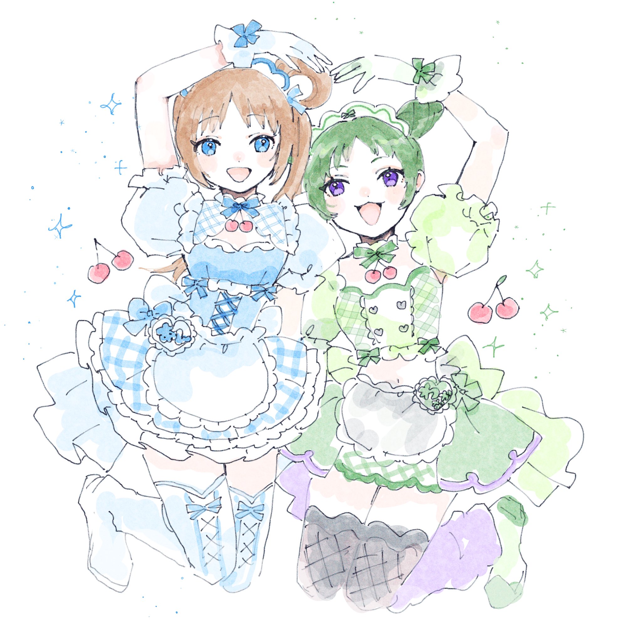 nekozuka (duka nkdk), fukuhara ann, morizono wakana, pretty rhythm, pretty rhythm rainbow live, pretty series, commentary, highres, symbol-only commentary, 2girls, :3, :d, blonde hair, blue boots, blue dress, blue eyes, blue gloves, boots, cherry, double bun, dress, food, frilled dress, frills, fruit, full body, gloves, green gloves, green hair, green shirt, green shoes, hair bun, hair rings, heart arms, jumping, long hair, looking at viewer, multiple girls, open mouth, plaid clothes, plaid dress, puffy short sleeves, puffy sleeves, purple eyes, shirt, shoes, short hair, short sleeves, side ponytail, single hair ring, smile, white background