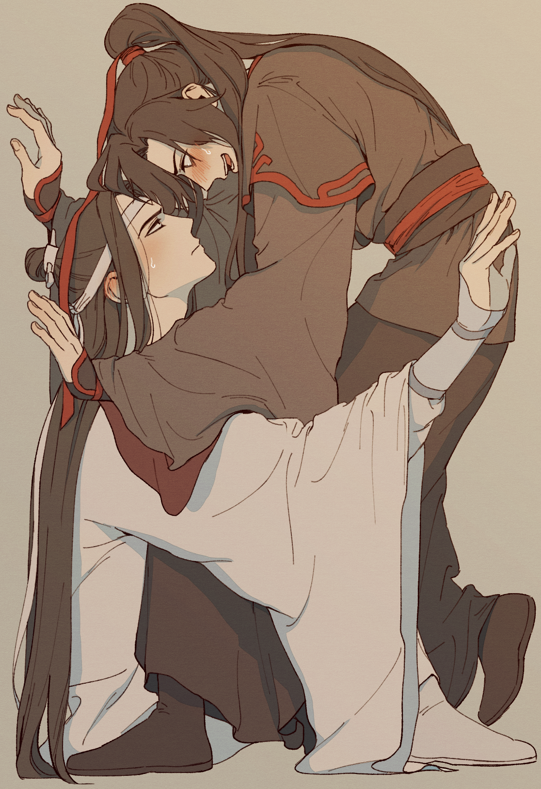 lan wangji, wei wuxian, modao zushi, highres, korean commentary, 2boys, black boots, black eyes, black hair, black hanfu, blush, boots, chinese clothes, closed mouth, eye contact, from side, full body, hair ribbon, hanfu, headband, kabedon, kneeling, long hair, long sleeves, looking at another, male focus, multiple boys, on one knee, open mouth, ponytail, profile, red ribbon, red sash, ribbon, robe, sash, sidelocks, simple background, sitting, sleeves past wrists, smile, standing, sweat, topknot, user cwea8478, very long hair, white boots, white hanfu, white headband, wide sleeves, xiao guan (headdress), yaoi