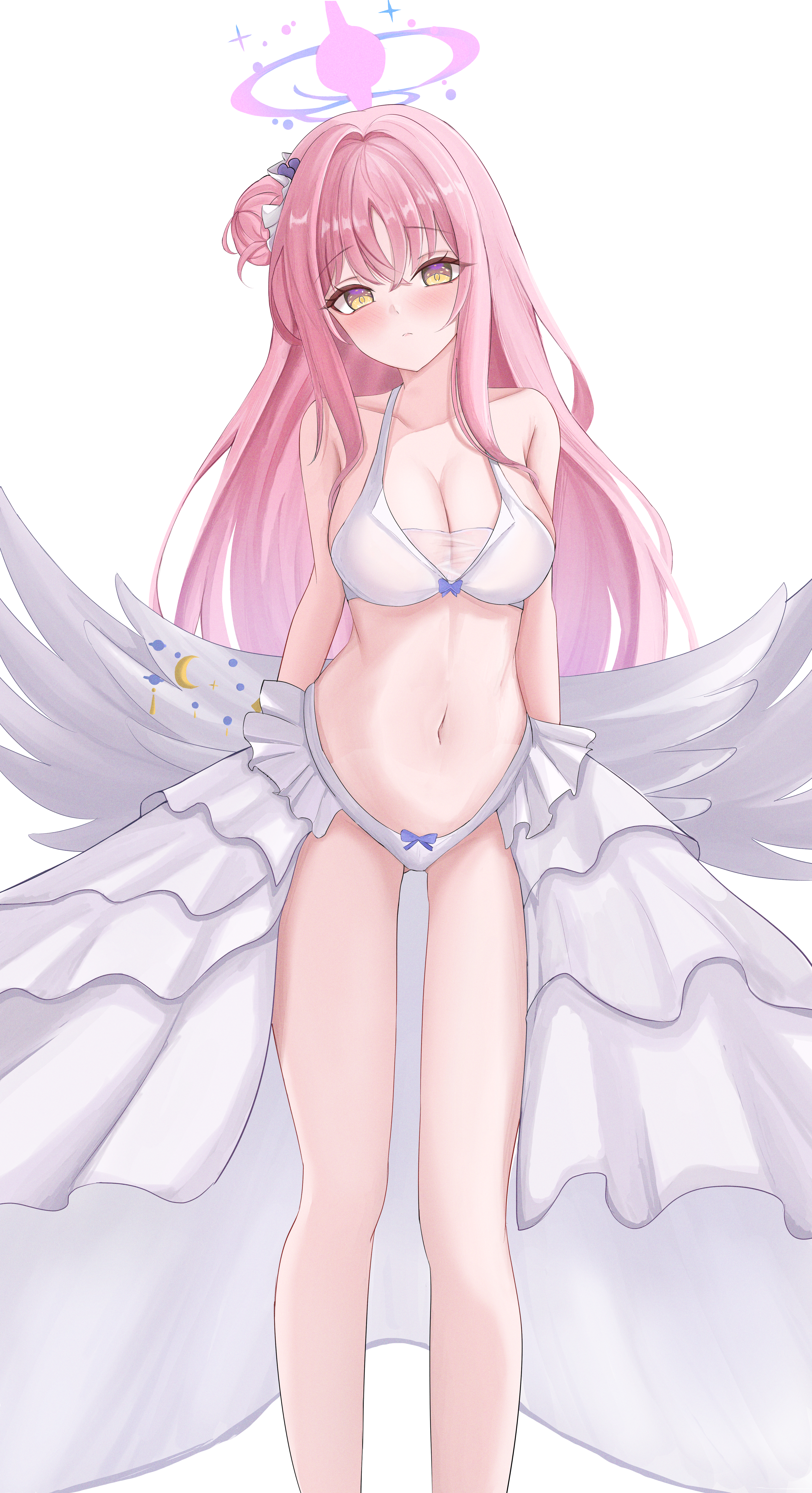 izumiillus, mika (blue archive), blue archive, absurdres, highres, 1girl, angel wings, blush, breasts, cleavage, closed mouth, collarbone, feathered wings, flower, hair bun, hair flower, hair ornament, halo, long hair, looking at viewer, low wings, medium breasts, multicolored eyes, navel, pink hair, pink halo, purple eyes, simple background, single hair bun, solo, stomach, swimsuit, two-tone eyes, very long hair, white background, white wings, wing ornament, wings, yellow eyes
