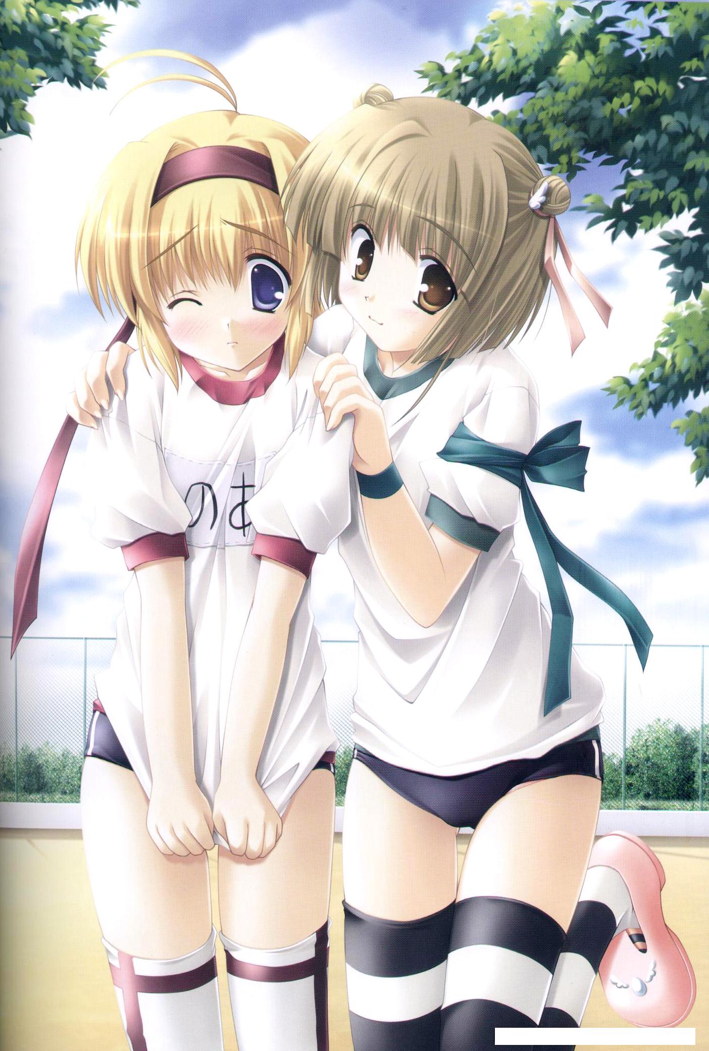 ikegami akane, tachibana noa, tokisaka sora, eternal sky, striped legwear, highres, 2girls, blonde hair, blue eyes, blush, brown eyes, brown hair, buruma, clothes pull, day, gym uniform, hair ribbon, hairband, multiple girls, one eye closed, outdoors, purple eyes, ribbon, shirt pull, shirt tug, short hair, striped clothes, striped thighhighs, thighhighs, white thighhighs, wink