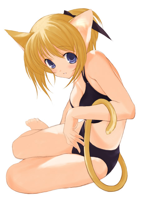 artist request, copyright request, 1girl, animal ears, bikini, blonde hair, blue eyes, blush, cat ears, cat tail, female focus, short hair, solo, swimsuit, tail