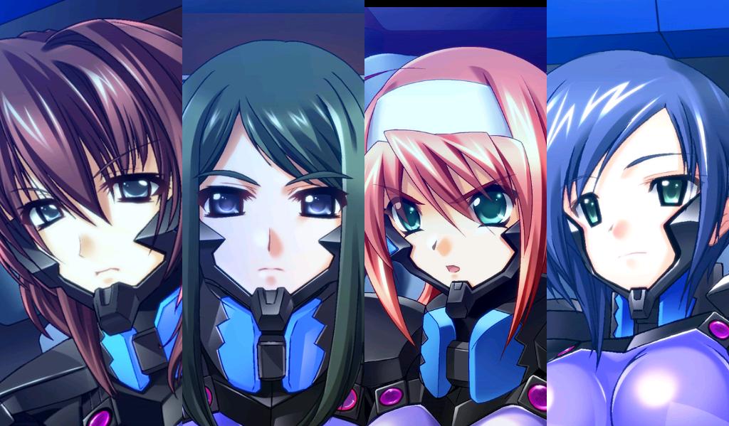 bou (inubou), kashiwagi haruko, kazama touko, munakata misae, suzumiya akane, 5pb., muv-luv, muv-luv alternative, pilot suit, game cg, 4girls, armor, black hair, blue hair, bodysuit, column lineup, fortified suit, green eyes, hairband, mecha pilot suit, multiple girls, pink hair, purple bodysuit, purple hair