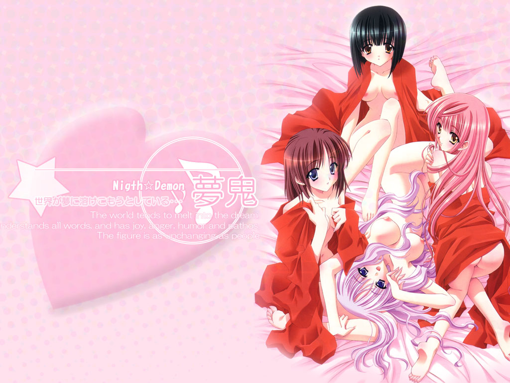 carnelian, aida ririko, odamaki hiyoko, rushiru, ryuujou mashiro, night demon, 4girls, bed, bed sheet, copyright name, multiple girls, naked sheet, nipples, nude, pink background, pink theme, text focus, typo