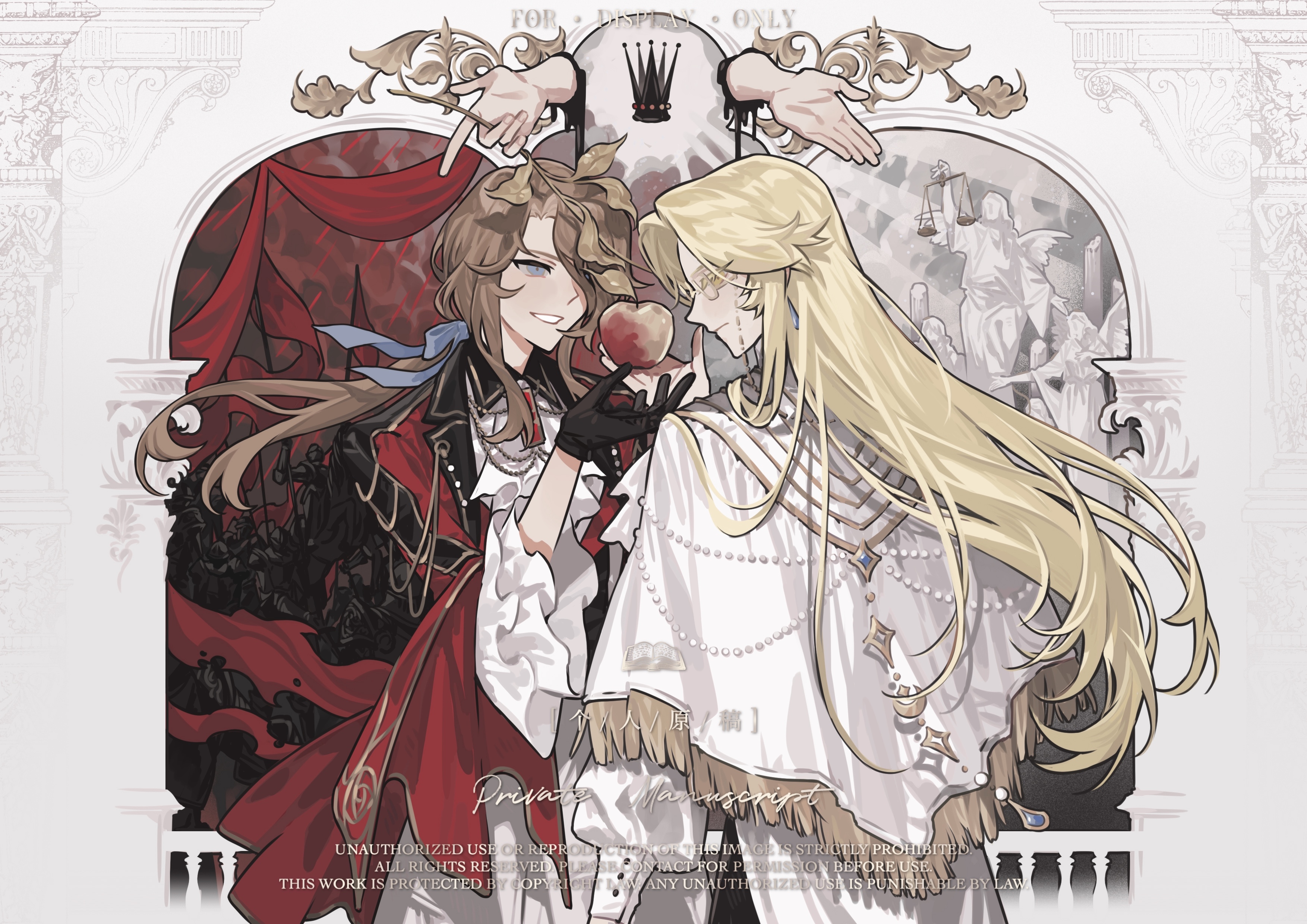 platinum (o0baijin0o), blood emperor, lord of the mysteries, absurdres, chinese commentary, commission, highres, second-party source, 2boys, apple, arch, arm at side, army, ascot, balance scale, bell sleeves, black blood, black gloves, black pants, black robe, blonde hair, blood, blue eyes, blue ribbon, border, branch, broken pillar, brown hair, cape, closed mouth, coat, collar chain (jewelry), collared shirt, contrast, contrast collar, cowboy shot, crown, curtained hair, disembodied hand, eyewear strap, face-to-face, facing another, flag, food, frilled sleeves, frills, fringe trim, fruit, glasses, gloves, hair over one eye, hair ribbon, hand up, holding, holding branch, holding flag, holding food, holding fruit, holding scale, long hair, long sleeves, looking at another, looking at viewer, low ponytail, male focus, mini crown, multiple boys, object floating above hand, open hand, ornate border, outside border, pants, parted bangs, parted lips, ponytail, profile, puffy long sleeves, puffy sleeves, railing, rain, red coat, ribbon, robe, shirt, sidelocks, sideways glance, smile, statue, sunlight, trunsoest (lord of the mysteries), unworn crown, watermark, weighing scale, white ascot, white border, white cape, white pants, white shirt, yellow eyes