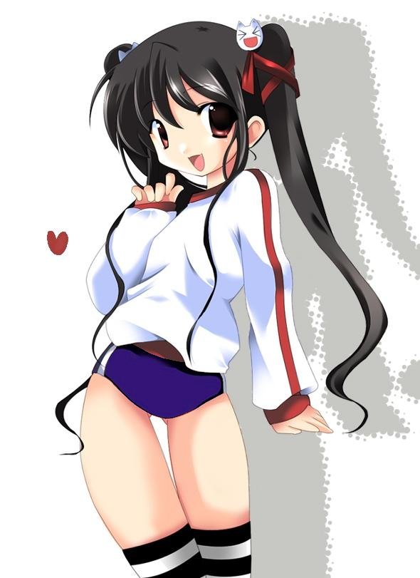 kooh (pangya), pangya, artist request, 1girl, animal hair ornament, black hair, black thighhighs, blue buruma, brown eyes, buruma, cat hair ornament, female focus, gym uniform, hair ornament, hair ribbon, heart, long hair, long sleeves, looking at viewer, open mouth, ribbon, single vertical stripe, smile, solo, standing, striped clothes, striped thighhighs, sweater, thighhighs, twintails, white background, white sweater