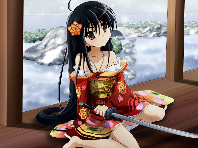 ueta kazuyuki, alastor (shakugan no shana), shana, shakugan no shana, 00s, 1girl, black hair, female focus, japanese clothes, jewelry, katana, pendant, sitting, solo, sword, weapon