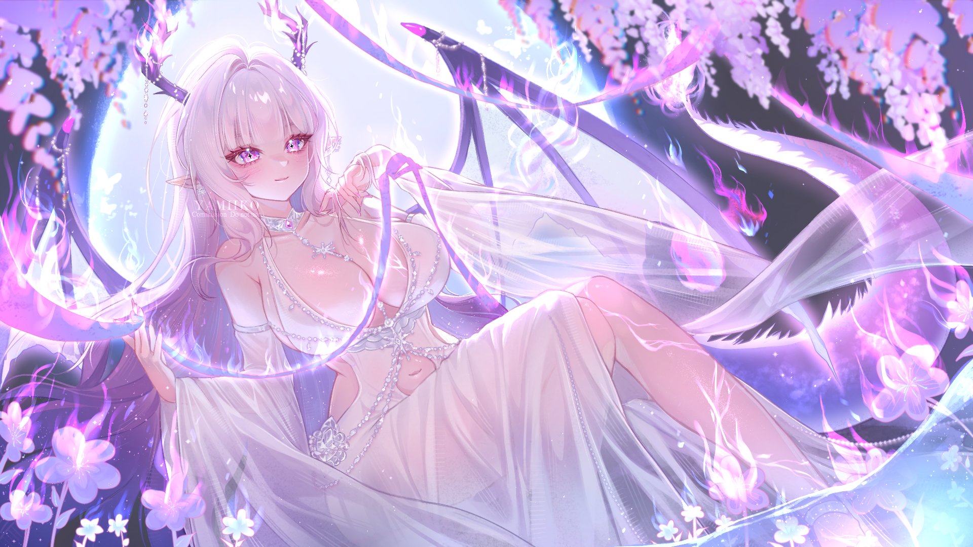 yamiiko, indie virtual youtuber, highres, 1girl, bare shoulders, breasts, cleavage, cross-shaped pupils, detached sleeves, dragon girl, dragon horns, dragon tail, dragon wings, dress, flower, glowing, gradient hair, horns, huge breasts, lady mizuki (vtuber), long hair, moon, multicolored hair, navel, pointy ears, purple eyes, purple flower, purple hair, revealing clothes, see-through clothes, see-through dress, see-through sleeves, solo, symbol-shaped pupils, tail, virtual youtuber, water, white dress, white hair, white sleeves, wings