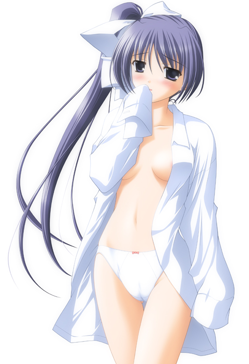 itou noemi, with you, 00s, 1girl, areola slip, blue eyes, blue hair, blush, bottomless, bow, bow panties, breasts, cameltoe, dress shirt, embarrassed, female focus, hair bow, hair ribbon, high side ponytail, long hair, matching hair/eyes, no bra, no pants, open clothes, open mouth, open shirt, panties, ponytail, ribbon, shirt, side ponytail, simple background, solo, standing, thigh gap, thighs, underwear, very long hair, white panties