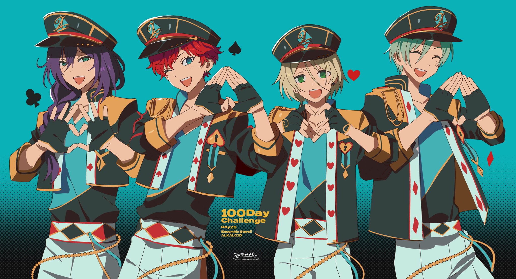 betti (xx betti), ensemble stars!, highres, alkaloid (ensemble stars!), blonde hair, closed eyes, club (shape), diamond (shape), fingerless gloves, gloves, group name, hat, heart, long hair, open mouth, purple hair, red hair, spade (shape), teeth, upper teeth only