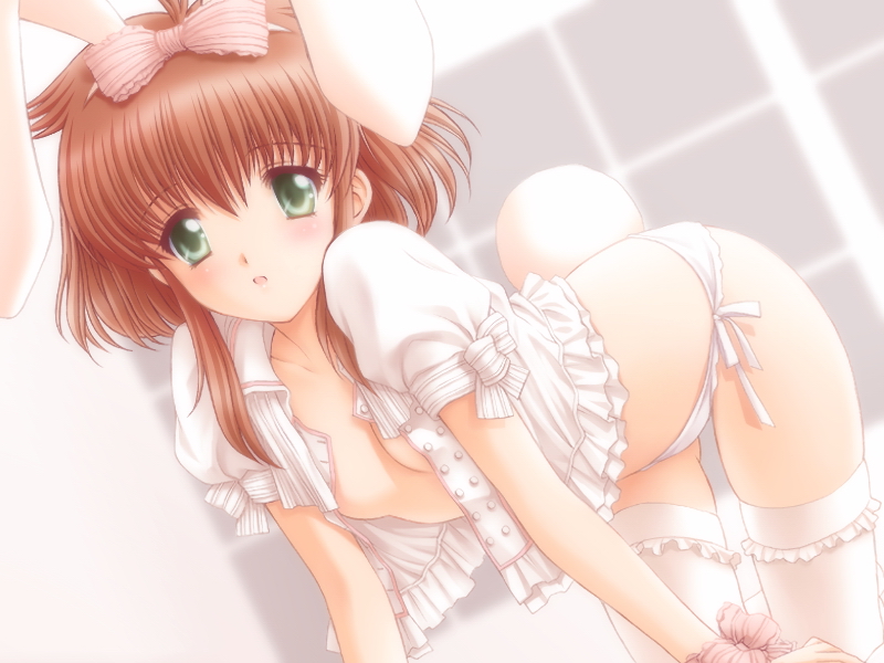 kuroda akimi, game cg, 1girl, :o, all fours, animal ears, blouse, blush, bow, brown hair, embarrassed, female focus, flat chest, frills, green eyes, hair bow, lingerie, no bra, open clothes, open mouth, open shirt, panties, pink bow, rabbit ears, rabbit tail, shirt, short hair, side-tie panties, sidelocks, solo, tail, thighhighs, underwear, white panties, white thighhighs