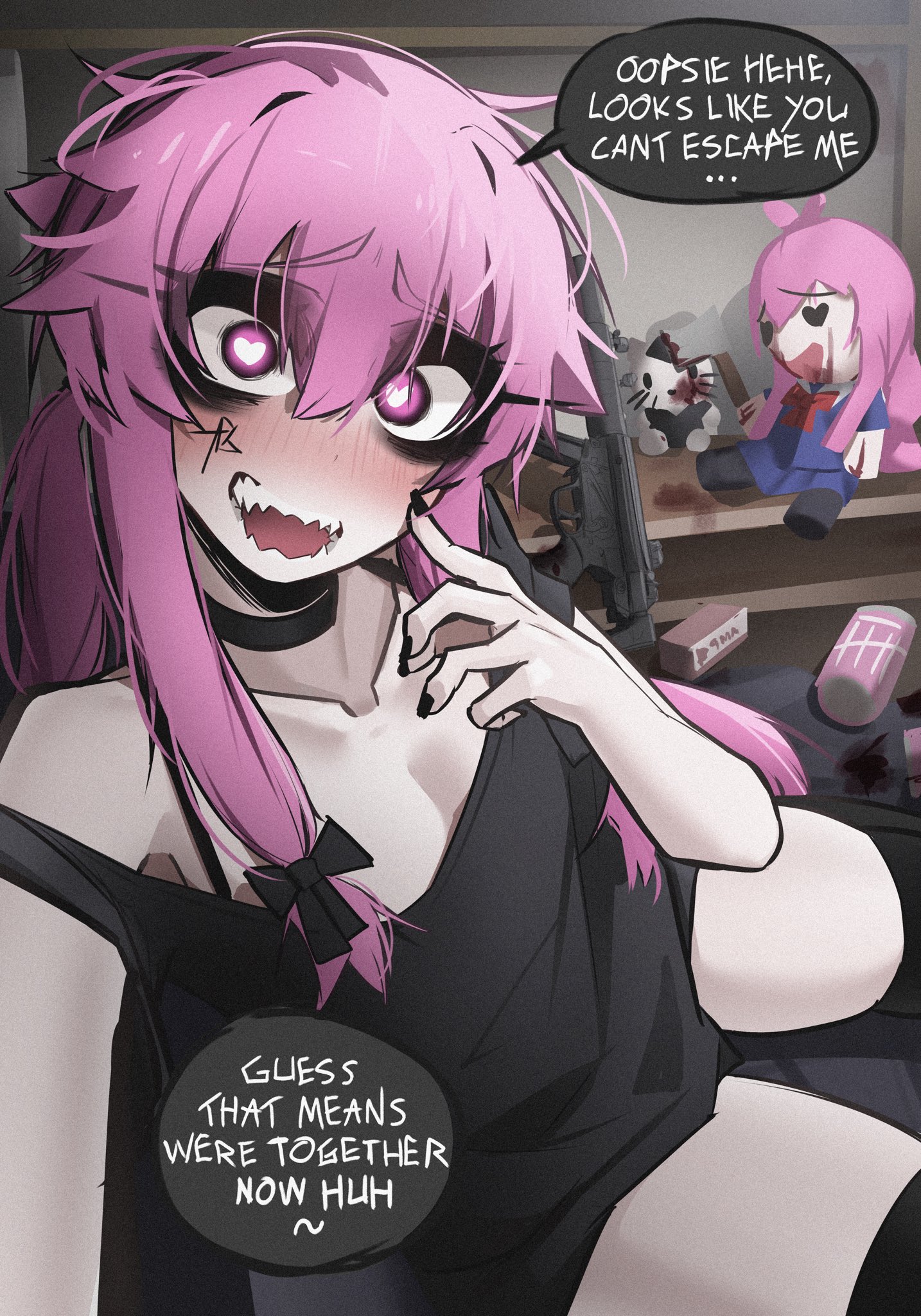 ace glitch, gasai yuno, hello kitty (character), mirai nikki, commentary, english commentary, highres, 1girl, black bow, black bra, black choker, black shirt, black thighhighs, blush, bow, bra, character doll, choker, crazy, crazy smile, doll, english text, hair between eyes, hair bow, heart, heart-shaped pupils, indoors, long hair, looking at viewer, open clothes, pink eyes, pink hair, sharp teeth, shirt, sidelocks, smile, solo, speech bubble, symbol-shaped pupils, teeth, thighhighs, underwear, yandere