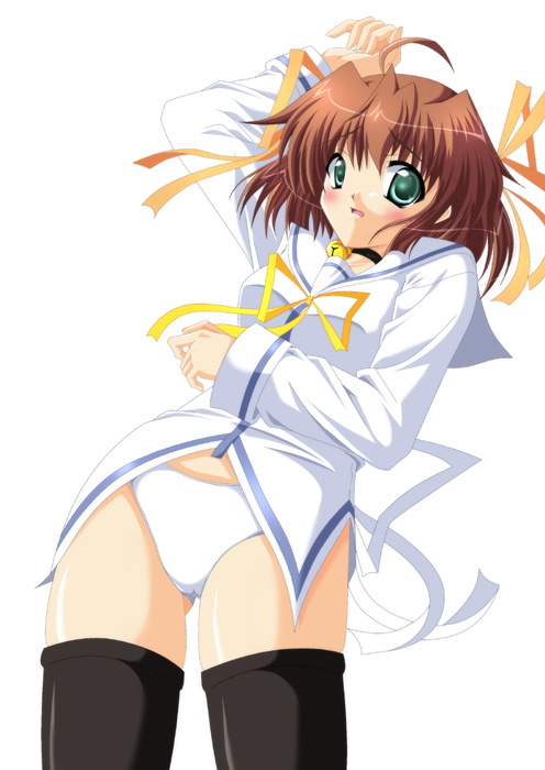 asakura nemu, da capo, da capo i, 00s, 1girl, bell, black thighhighs, blush, bottomless, choker, collar, female focus, hair ribbon, neck bell, no pants, panties, ribbon, school uniform, serafuku, solo, thighhighs, underwear, white panties