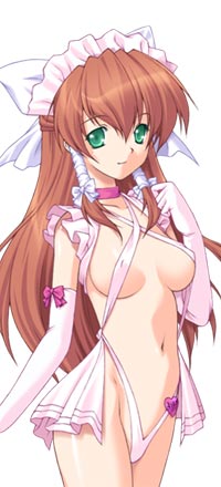 kazuma muramasa, mikage yuuki, seiai gakuen fechi ka, game cg, lowres, 1girl, bow, breasts, brown hair, choker, elbow gloves, female focus, gloves, green eyes, hair bow, long hair, maid, maid headdress, medium breasts, ribbon, slingshot swimsuit, solo, swimsuit