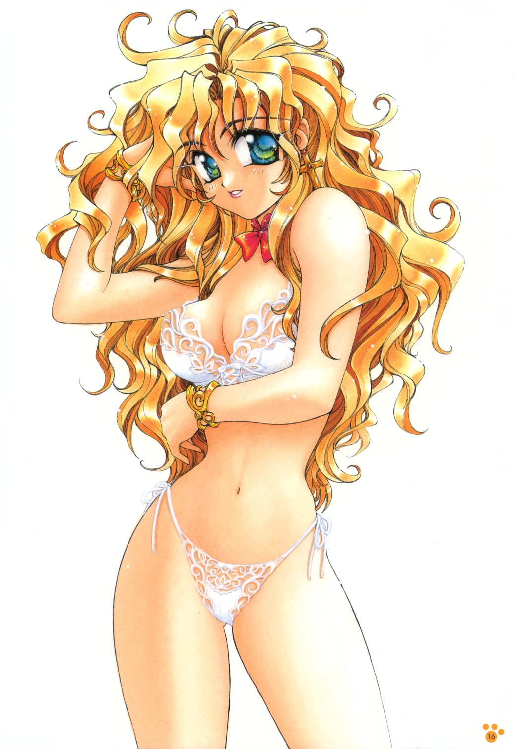 amaori tatsuki, pretty cats showtime, highres, 1girl, blonde hair, blue eyes, bra, bracelet, earrings, female focus, highleg, highleg panties, jewelry, lingerie, panties, side-tie panties, solo, standing, underwear, underwear only, white bra, white panties