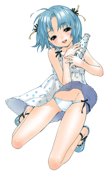 inuburo, mizutama (artist), calpis-tan, calpis, 1girl, blue eyes, blue hair, blue panties, blush, dress, female focus, hair ribbon, happy, jumping, kneeling, matching hair/eyes, panties, pantyshot, polka dot, ribbon, see-through clothes, shoes, short hair, side-tie panties, solo, underwear, wind, wind lift