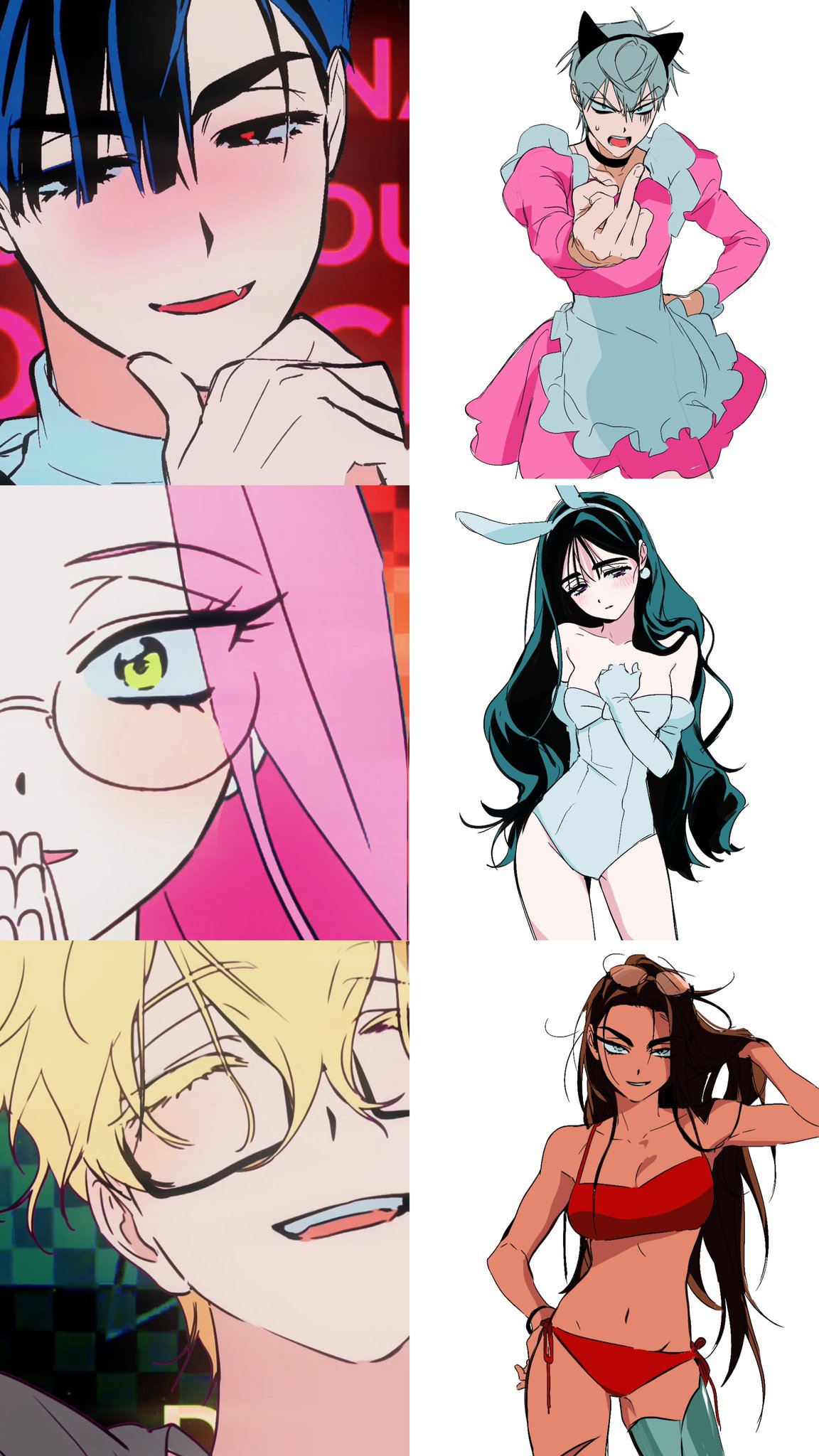 hyuna (alien stage), ivan (alien stage), luka (alien stage), mizi (alien stage), sua (alien stage), till (alien stage), alien stage, commentary, highres, 3boys, 3girls, alternate costume, animal ears, bikini, black eyes, black hair, blonde hair, brown hair, cat ears, closed eyes, crossdressing, crossdressing (mtf), dark-skinned female, dark skin, dress, earrings, elbow gloves, eyewear on head, fake animal ears, fang, glasses, gloves, grey eyes, grey hair, hand on own chest, jewelry, leotard, long hair, lubya, maid, maid headdress, male maid, middle finger, multiple boys, multiple girls, off-shoulder leotard, official alternate costume, official alternate hair length, official alternate hairstyle, pink dress, pink hair, playboy bunny, prosthesis, prosthetic leg, purple eyes, rabbit ears, red bikini, red pupils, short hair, smile, sunglasses, swimsuit, very long hair, very short hair, white gloves, white leotard