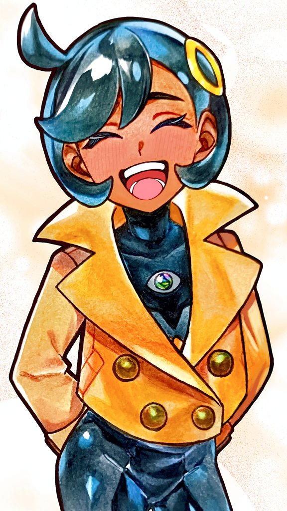 saku06480514, emma (pokemon), nintendo, pokemon, pokemon legends: z-a, 1girl, black bodysuit, black hair, blush, bodysuit, bodysuit under clothes, breasts, closed eyes, dark-skinned female, dark skin, facing viewer, hair ornament, jacket, mega stone, open mouth, short hair, simple background, smile, solo, teeth
